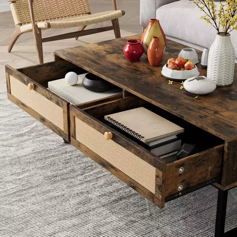 Rattan Coffee Table with 2 Drawers and Wood Top, 45.6 Inch