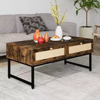 Rattan Coffee Table with 2 Drawers and Wood Top, 45.6 Inch