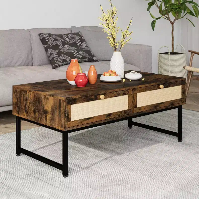 Rattan Coffee Table with 2 Drawers and Wood Top, 45.6 Inch