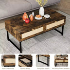 Rattan Coffee Table with 2 Drawers and Wood Top, 45.6 Inch