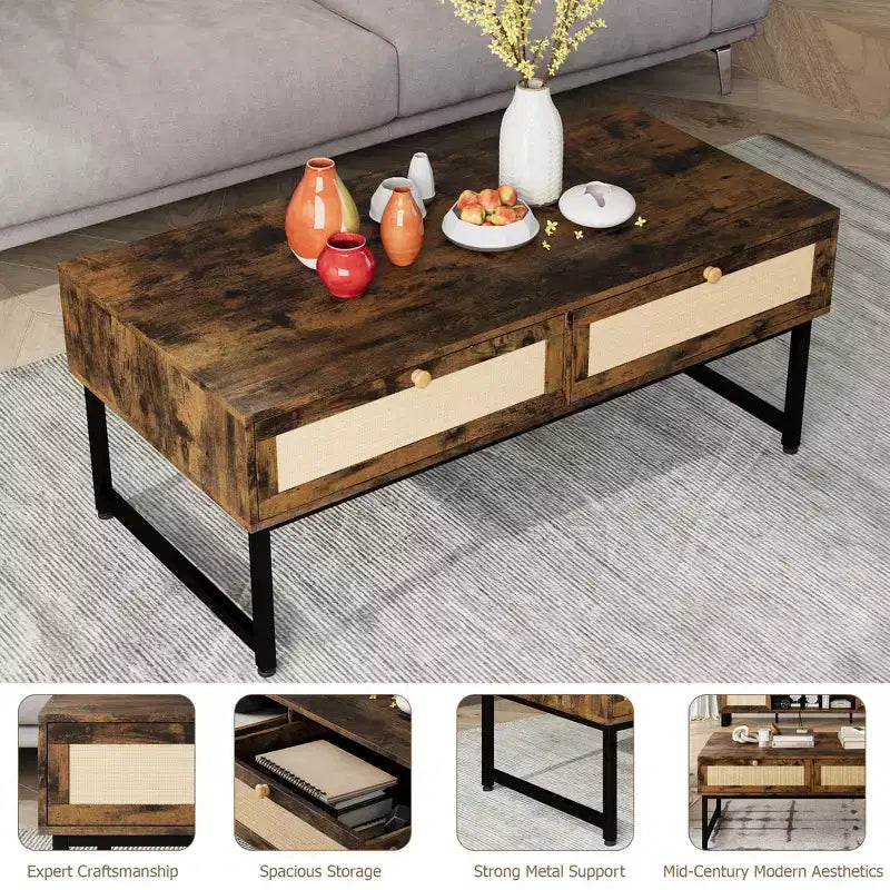 Rattan Coffee Table with 2 Drawers and Wood Top, 45.6 Inch