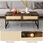 Rattan Coffee Table with 2 Drawers and Wood Top, 45.6 Inch
