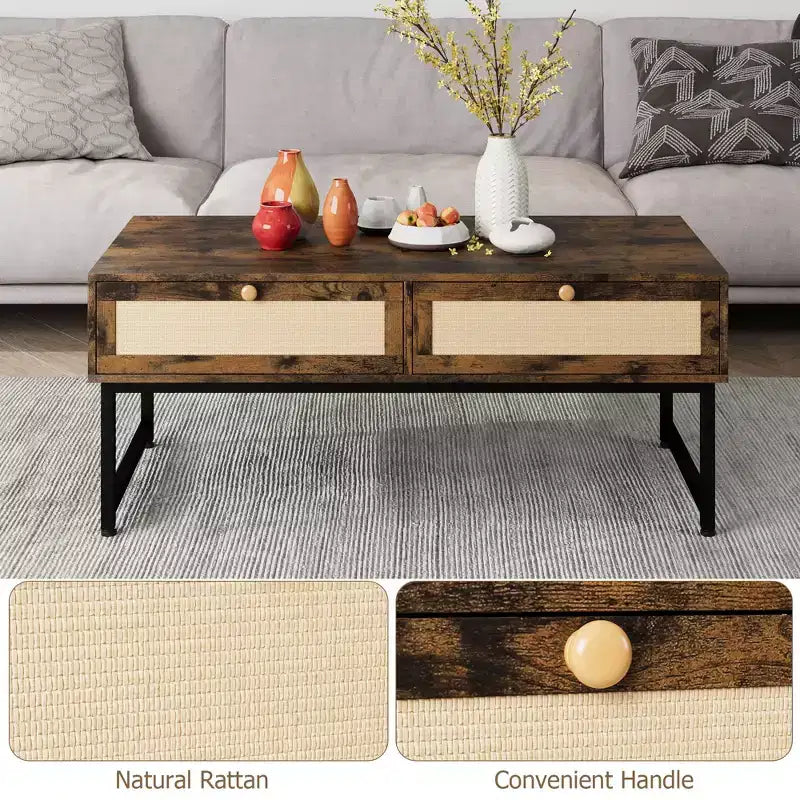 Rattan Coffee Table with 2 Drawers and Wood Top, 45.6 Inch