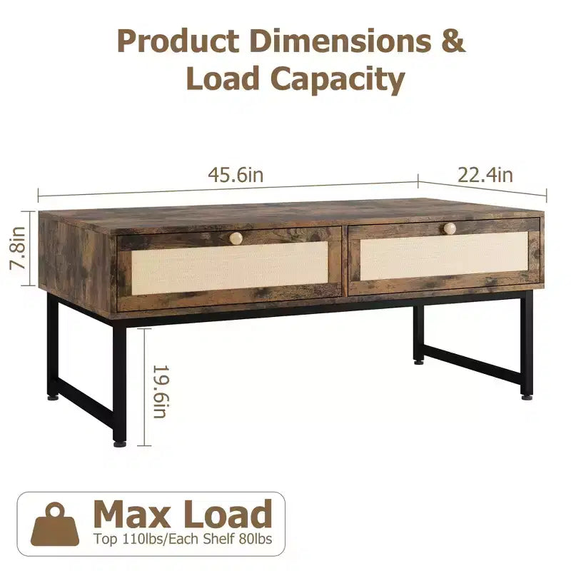 Rattan Coffee Table with 2 Drawers and Wood Top, 45.6 Inch
