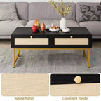 Rattan Coffee Table with 2 Drawers and Wood Top, 45.6 Inch