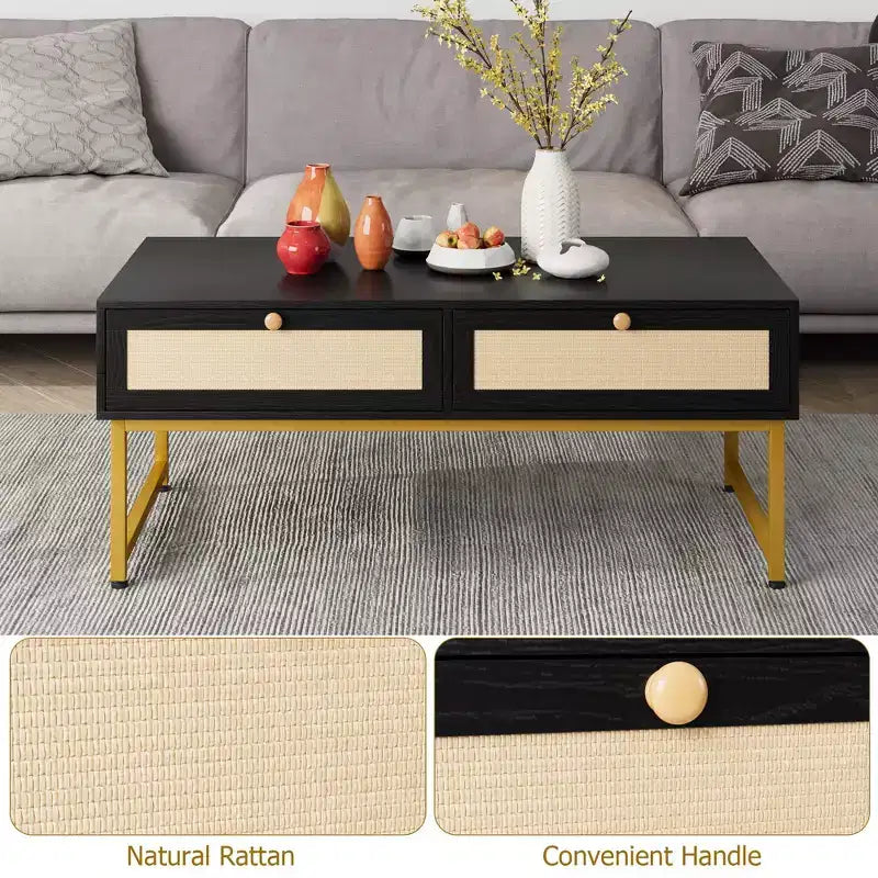 Rattan Coffee Table with 2 Drawers and Wood Top, 45.6 Inch
