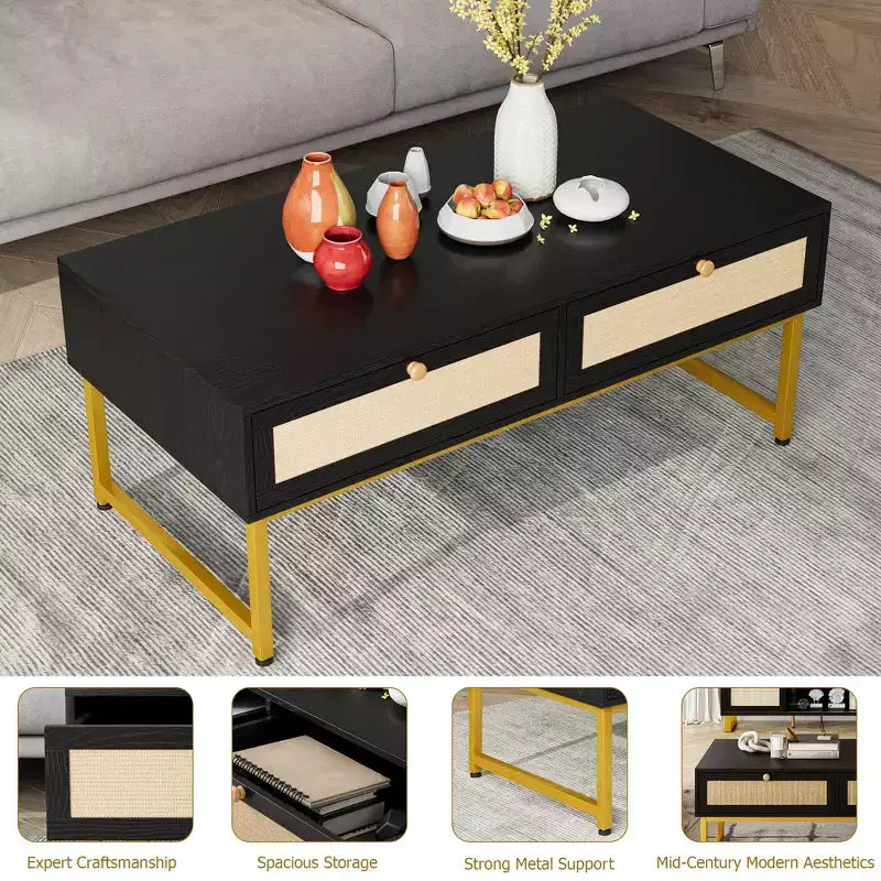 Rattan Coffee Table with 2 Drawers and Wood Top, 45.6 Inch