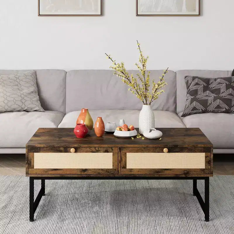 Rattan Coffee Table with 2 Drawers and Wood Top, 45.6 Inch