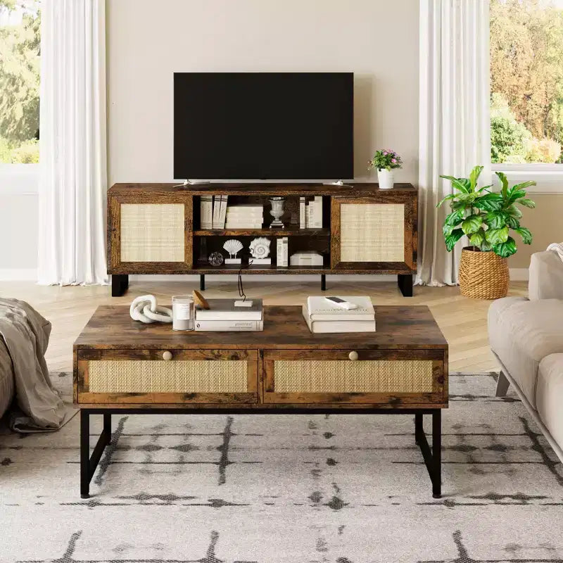 Rattan Coffee Table with 2 Drawers and Wood Top, 45.6 Inch