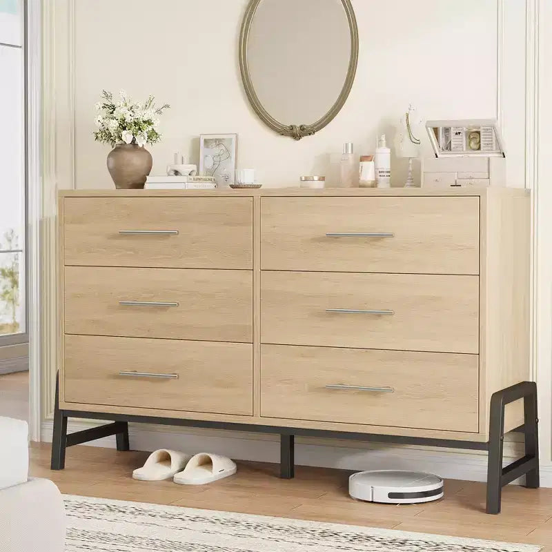 6-Drawer Rattan Dresser with Charging Station, Storage Chest for Bedroom, Living Room, Hallway and Bedside