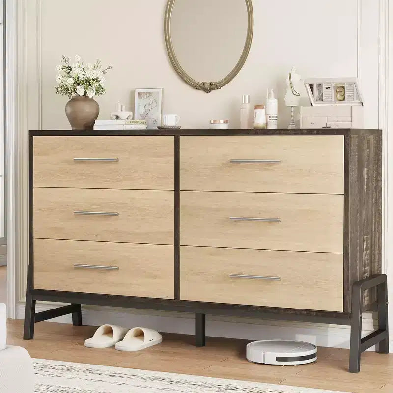 6-Drawer Rattan Dresser with Charging Station, Storage Chest for Bedroom, Living Room, Hallway and Bedside