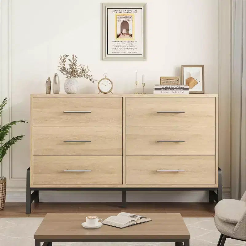 6-Drawer Rattan Dresser with Charging Station, Storage Chest for Bedroom, Living Room, Hallway and Bedside