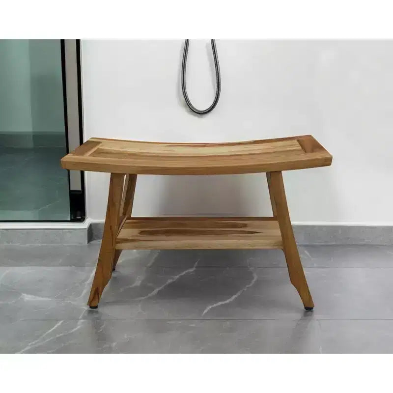 28" Natural Solid Teak Rectangular Shower Bench With Shelf