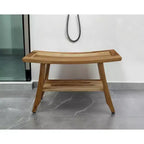 28" Natural Solid Teak Rectangular Shower Bench With Shelf