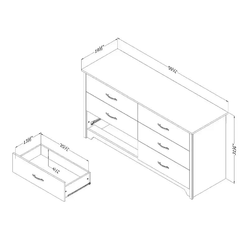 6-Drawer Horizontal Dresser in White