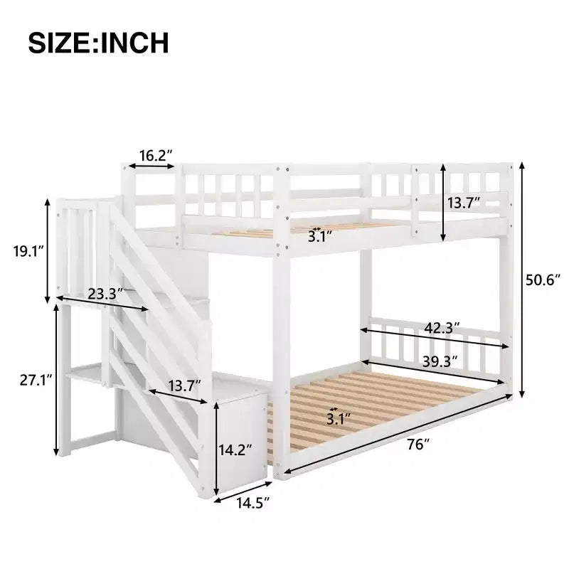 Twin over Twin Solid Wood Floor Bunk Bed with Storage Ladder and Safety Guardrail