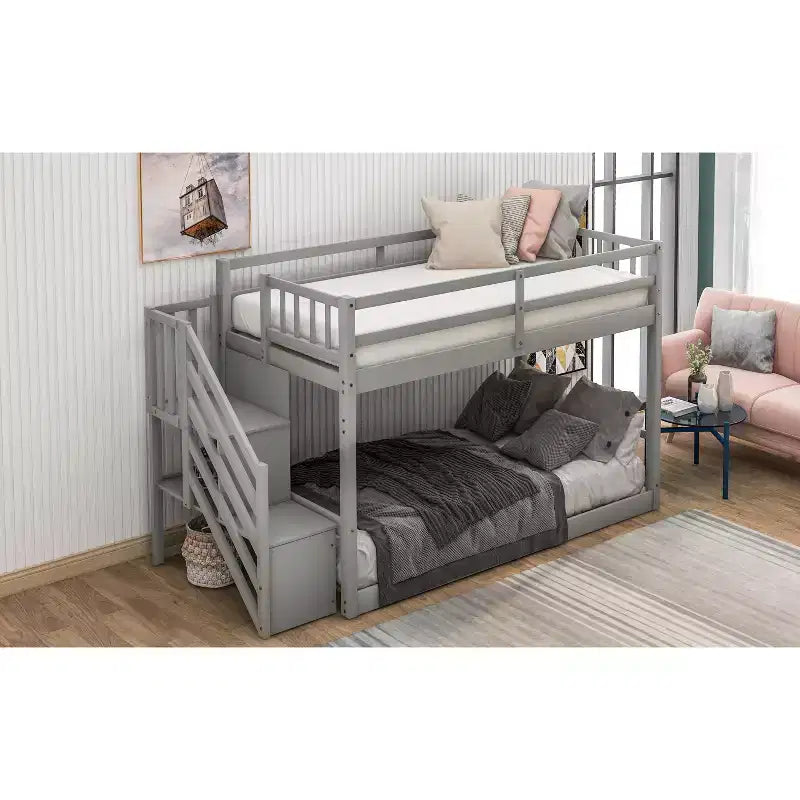 Twin over Twin Solid Wood Floor Bunk Bed with Storage Ladder and Safety Guardrail
