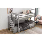 Twin over Twin Solid Wood Floor Bunk Bed with Storage Ladder and Safety Guardrail