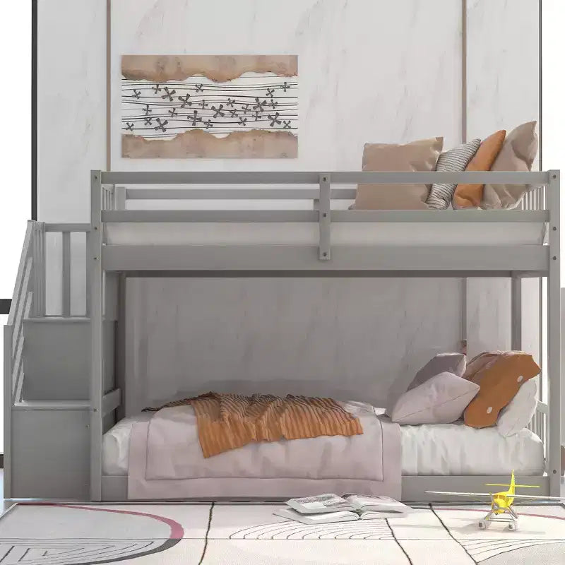 Twin over Twin Solid Wood Floor Bunk Bed with Storage Ladder and Safety Guardrail
