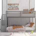 Twin over Twin Solid Wood Floor Bunk Bed with Storage Ladder and Safety Guardrail