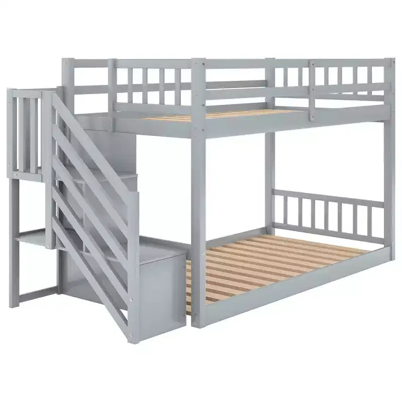 Twin over Twin Solid Wood Floor Bunk Bed with Storage Ladder and Safety Guardrail