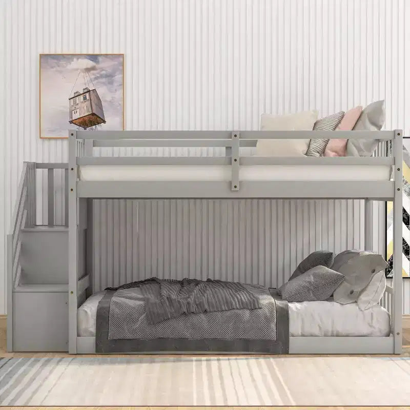 Twin over Twin Solid Wood Floor Bunk Bed with Storage Ladder and Safety Guardrail