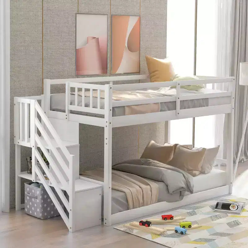 Twin over Twin Solid Wood Floor Bunk Bed with Storage Ladder and Safety Guardrail