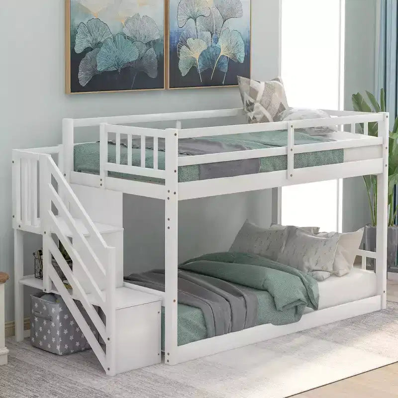 Twin over Twin Solid Wood Floor Bunk Bed with Storage Ladder and Safety Guardrail