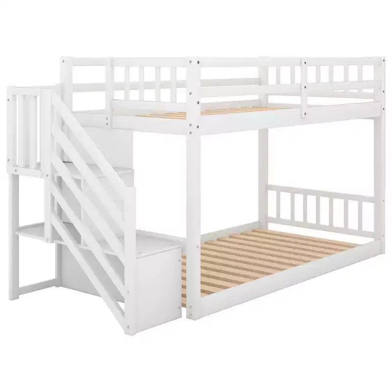 Twin over Twin Solid Wood Floor Bunk Bed with Storage Ladder and Safety Guardrail