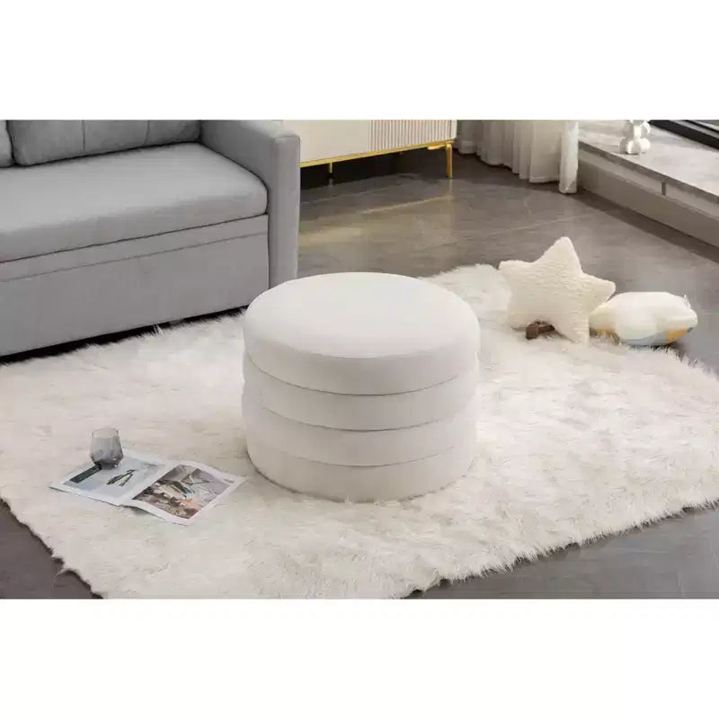 Round Storage Ottoman with Wooden Shelving
