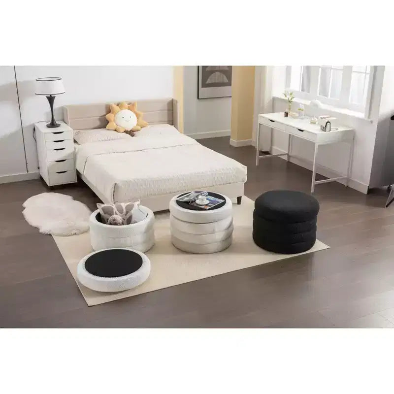 Round Storage Ottoman with Wooden Shelving