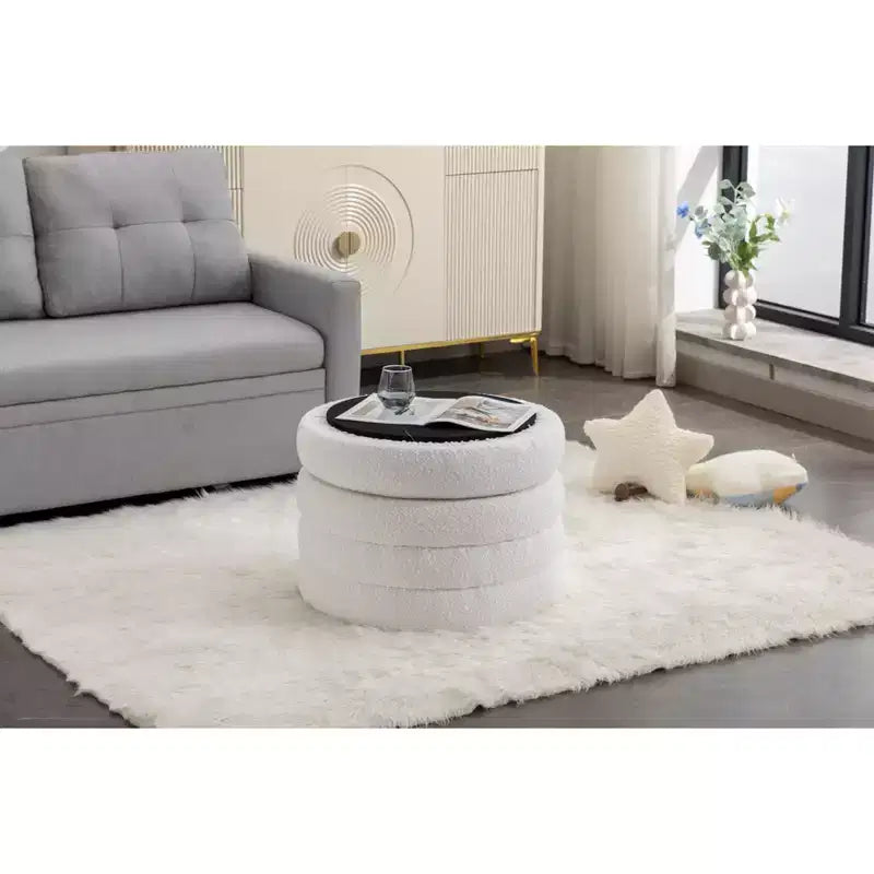 Round Storage Ottoman with Wooden Shelving
