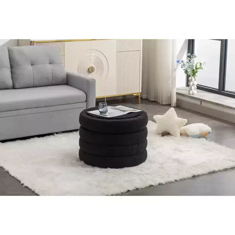 Round Storage Ottoman with Wooden Shelving