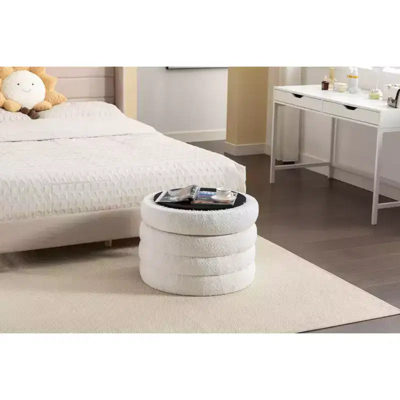 Round Storage Ottoman with Wooden Shelving