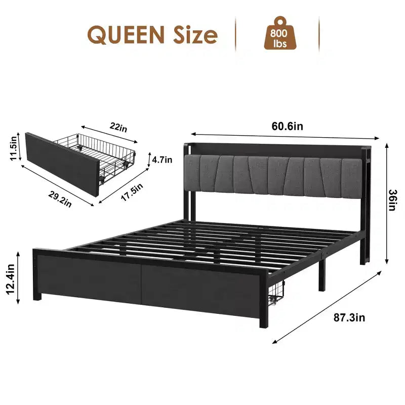 Queen Size Bed Frame with Storage Headboard and Charging Station