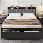 Queen Size Bed Frame with Storage Headboard and Charging Station