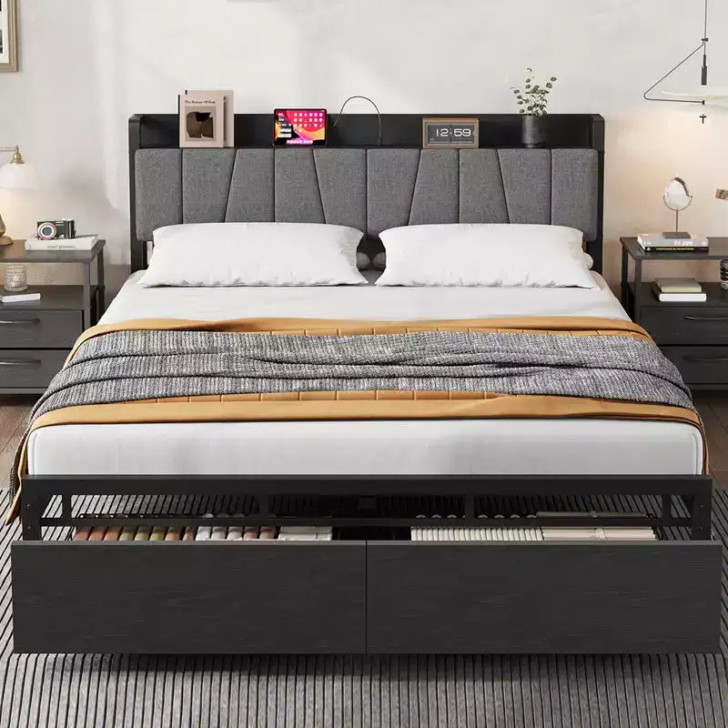 Queen Size Bed Frame with Storage Headboard and Charging Station
