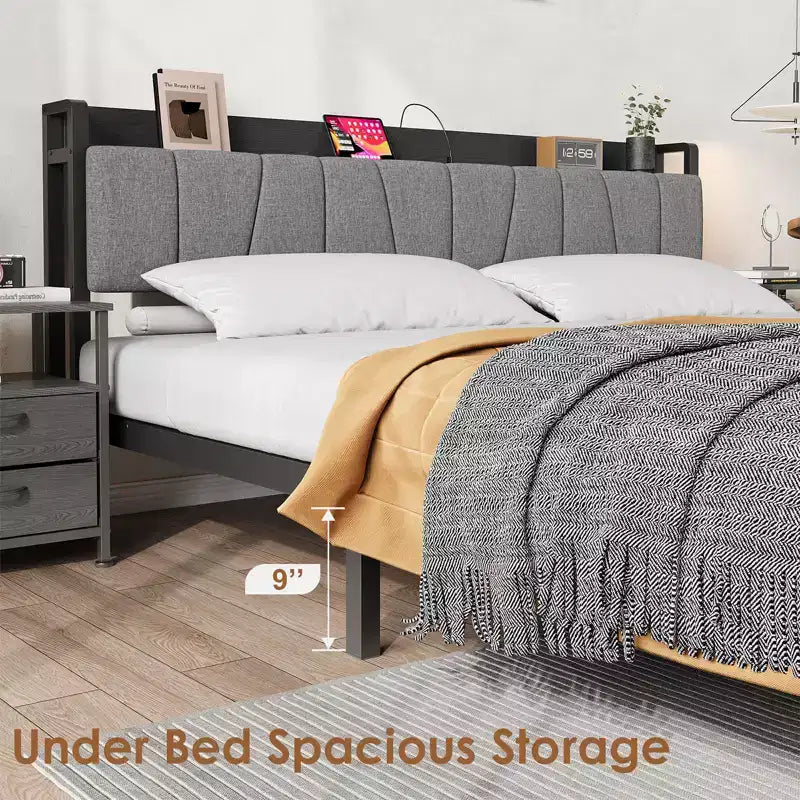 Queen Size Bed Frame with Storage Headboard and Charging Station