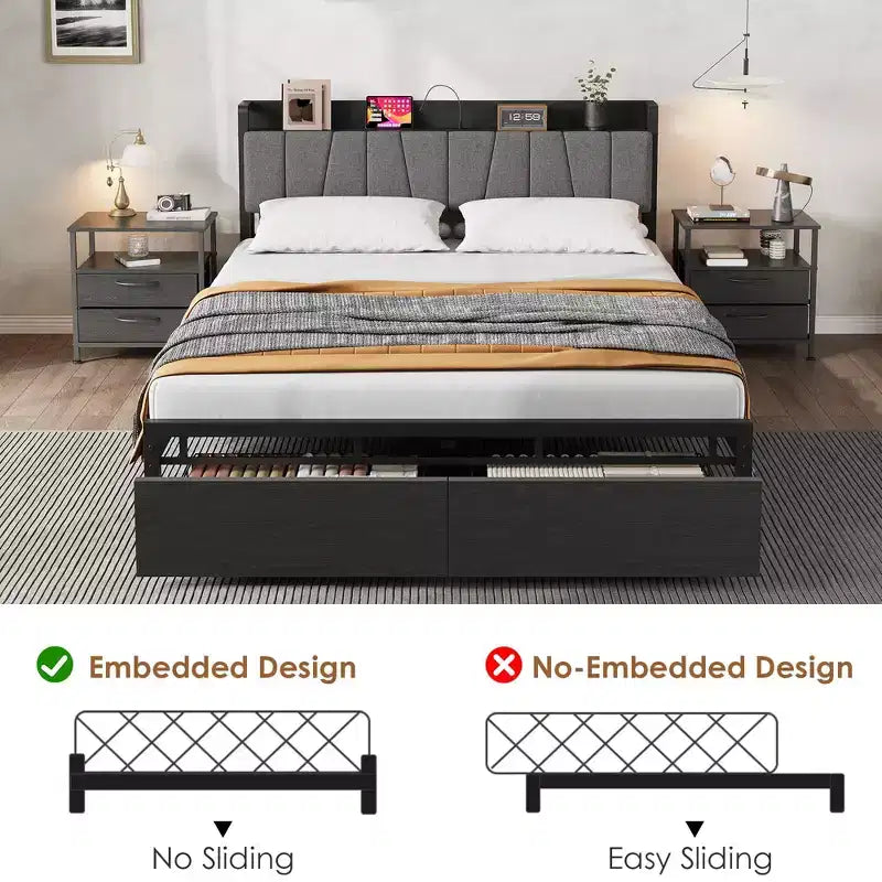 Queen Size Bed Frame with Storage Headboard and Charging Station