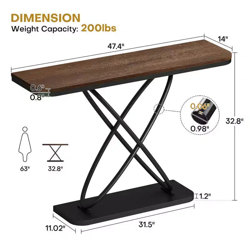 47.4" Farmhouse Console Table with Black Metal Frame – Narrow Entryway Sofa Table