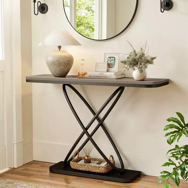 47.4" Farmhouse Console Table with Black Metal Frame – Narrow Entryway Sofa Table