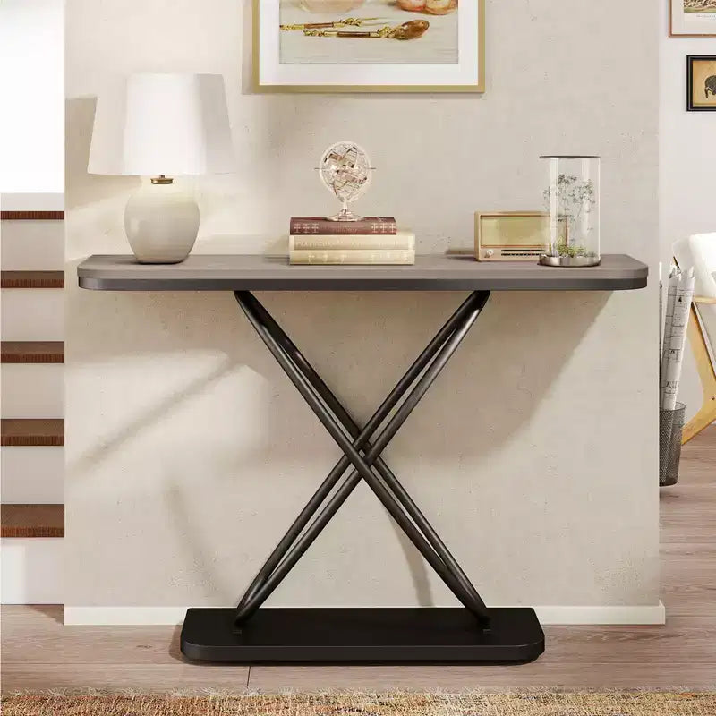 47.4" Farmhouse Console Table with Black Metal Frame – Narrow Entryway Sofa Table