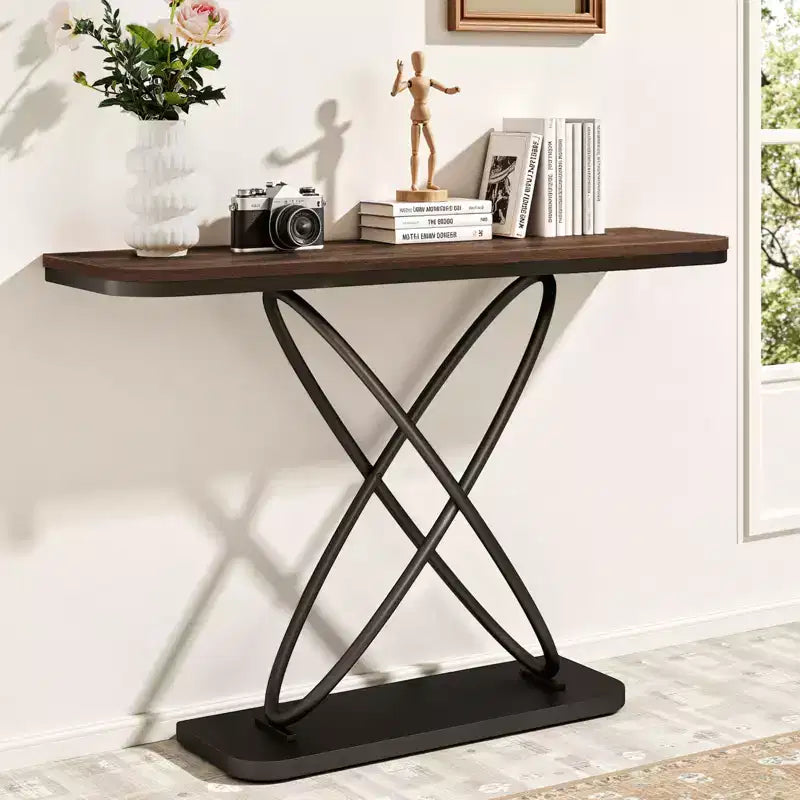 47.4" Farmhouse Console Table with Black Metal Frame – Narrow Entryway Sofa Table
