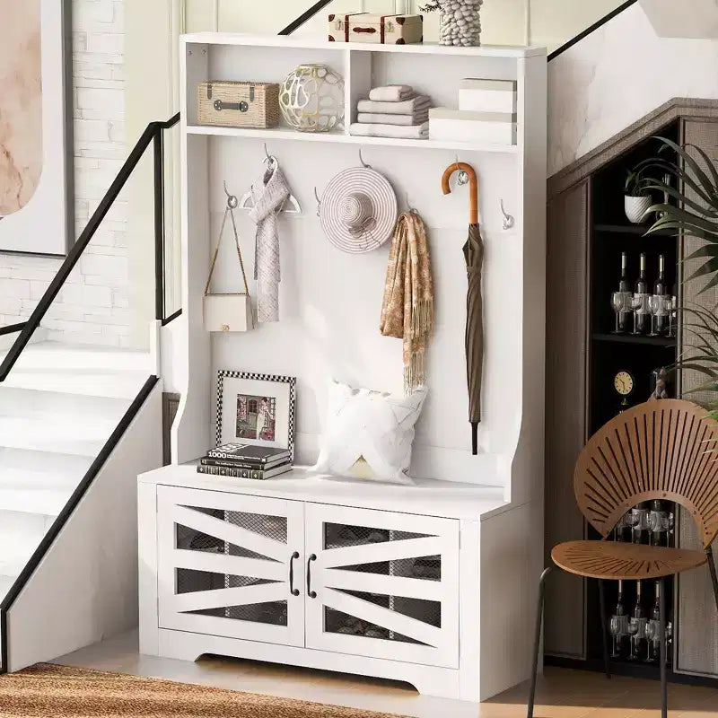 43.3" Entryway Bench with Coat Rack, Hall Tree with 7 Hooks and Adjustable Shelves