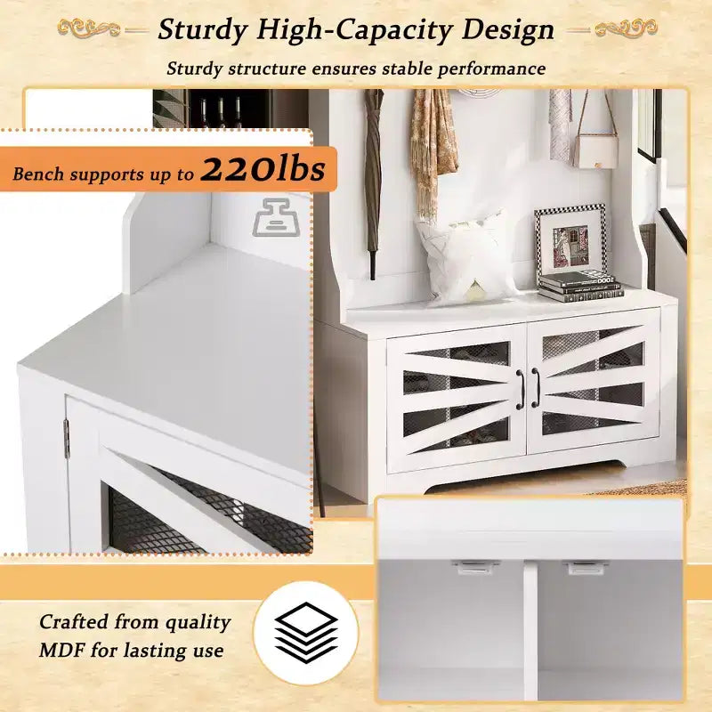 43.3" Entryway Bench with Coat Rack, Hall Tree with 7 Hooks and Adjustable Shelves
