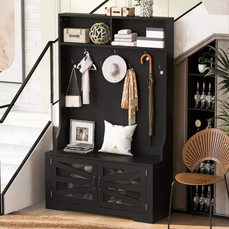 43.3" Entryway Bench with Coat Rack, Hall Tree with 7 Hooks and Adjustable Shelves