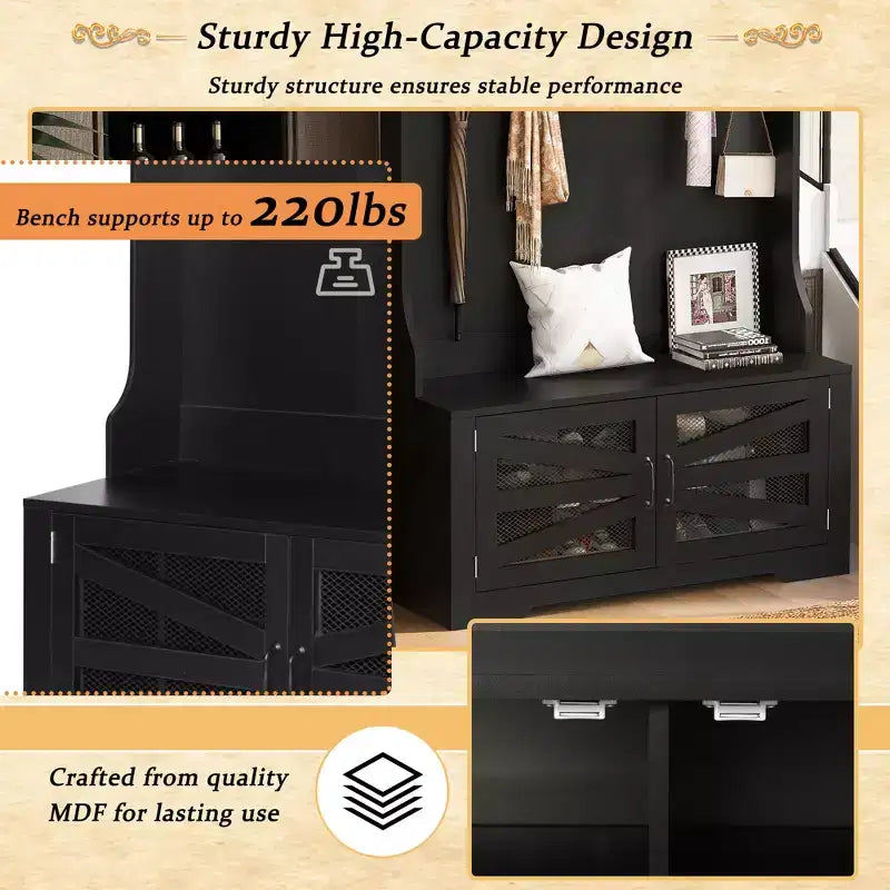 43.3" Entryway Bench with Coat Rack, Hall Tree with 7 Hooks and Adjustable Shelves