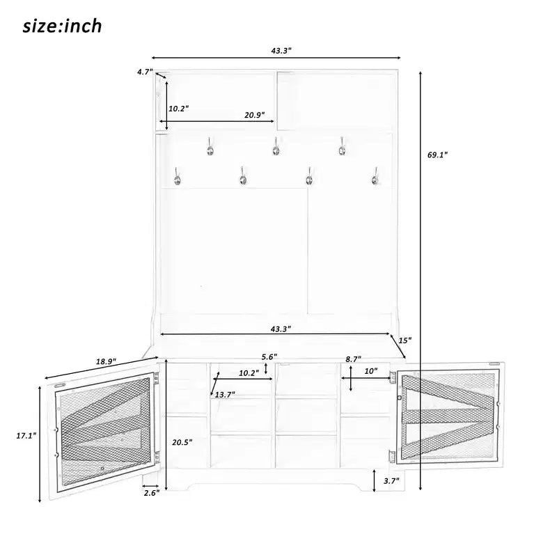 43.3" Entryway Bench with Coat Rack, Hall Tree with 7 Hooks and Adjustable Shelves