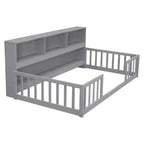 Twin Floor Bed with Bookcase, Shelves, and Guardrails - Gray