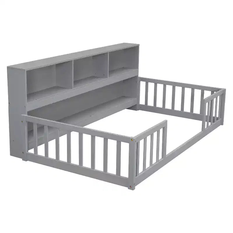 Twin Floor Bed with Bookcase, Shelves, and Guardrails - Gray